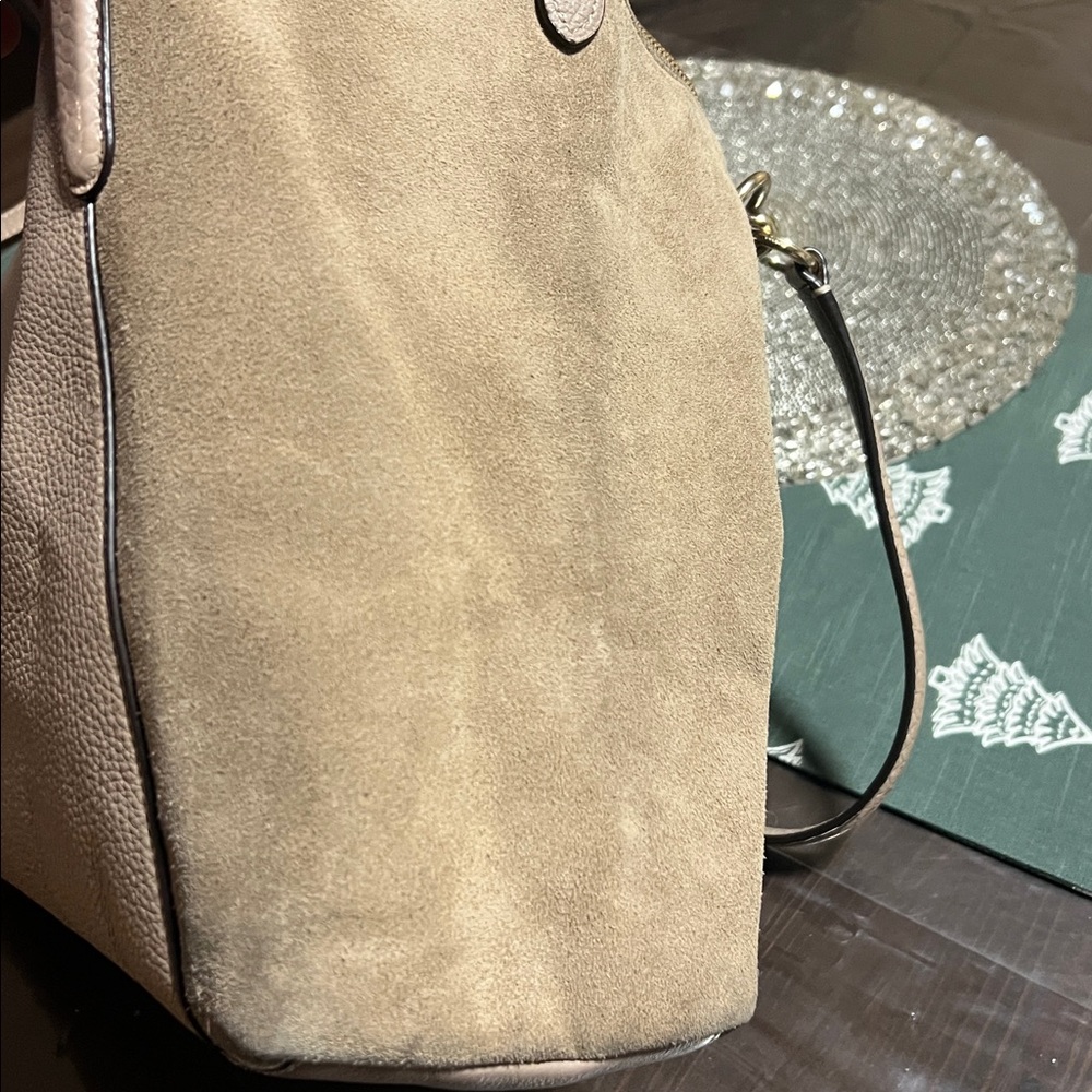 COACH Exotic Trim Suede Ava Tote Bag In Stone - Picture 15 of 17